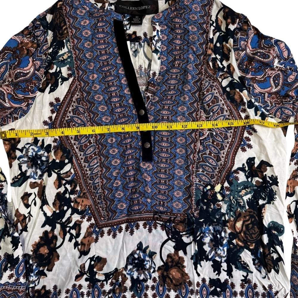 Colleen Lopez Blue & White Paisley Tunic Top Size XS V Neck Velvet Trim NWOT - Picture 6 of 9